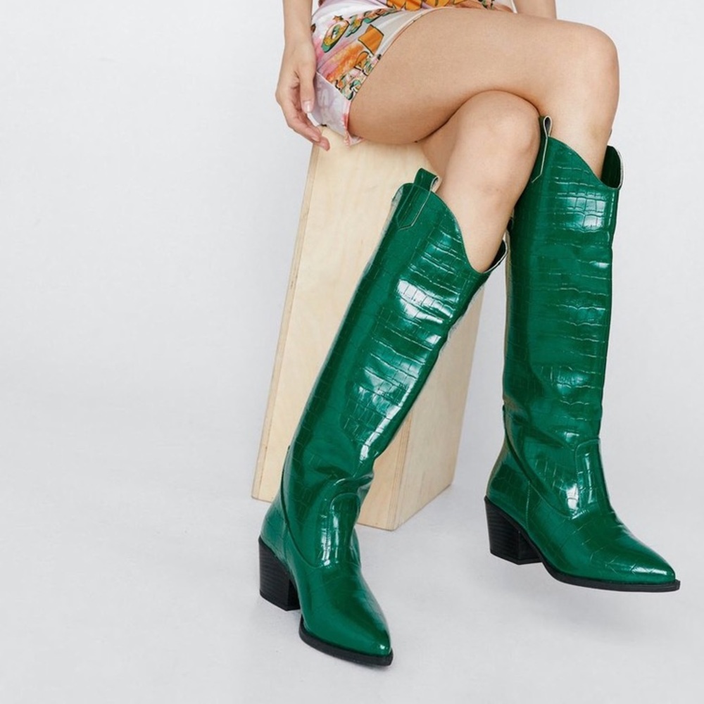 Green Faux Croc Knee High Cow Boy Boot